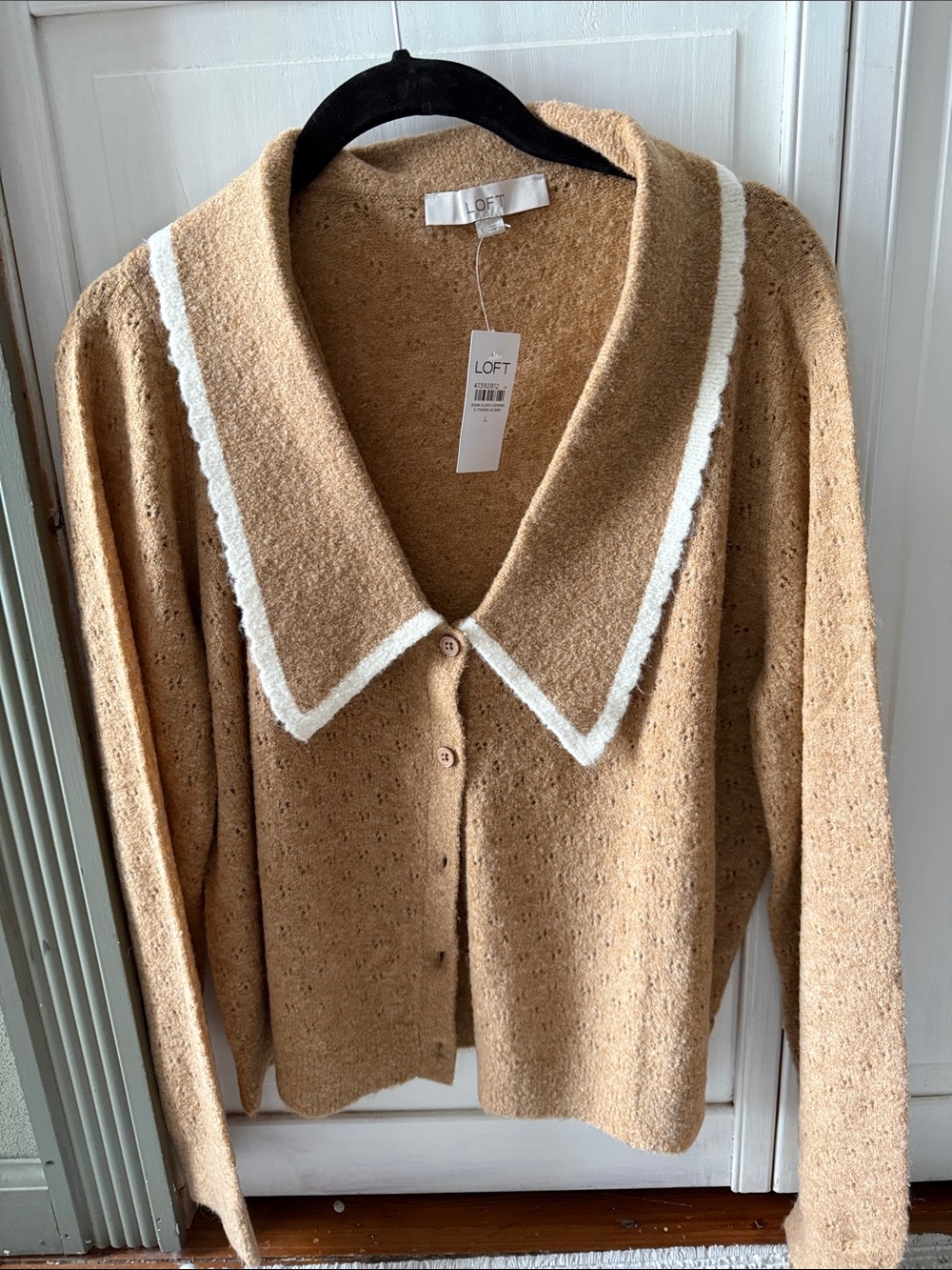 LOFT Camel Cardigan with White Trim Wide Collar